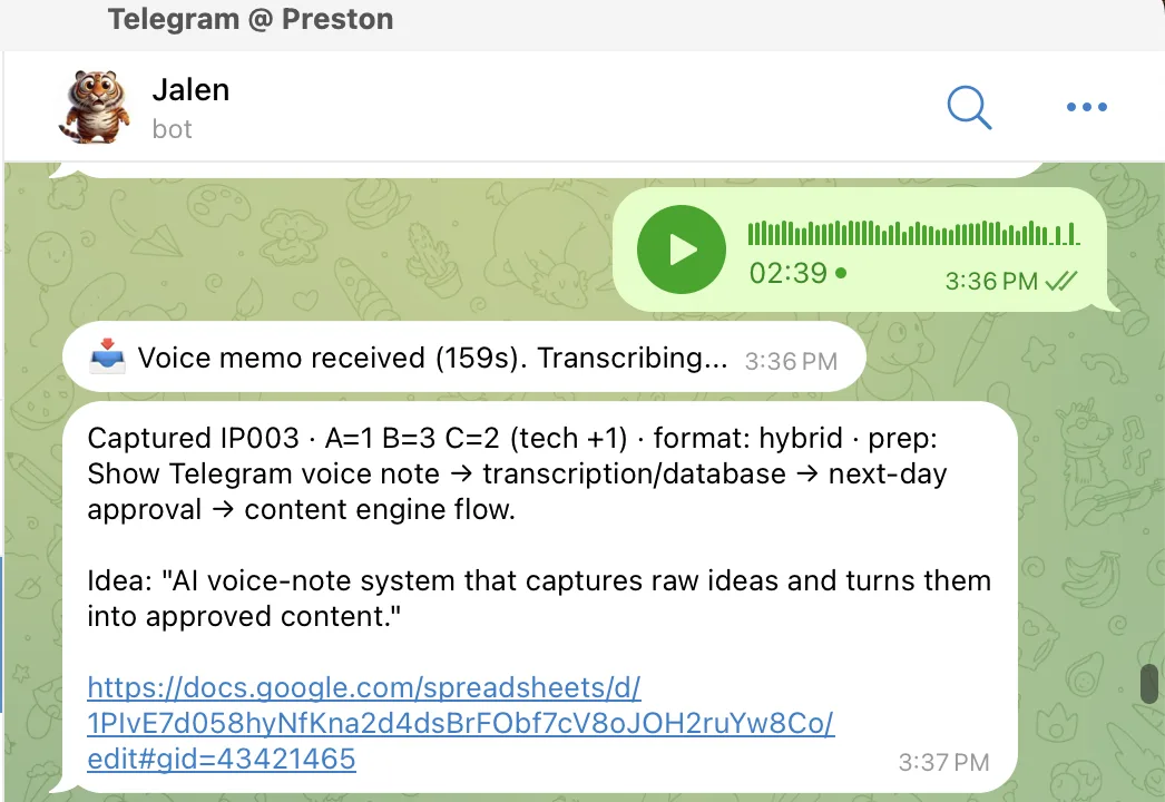 A Telegram chat capturing a voice memo, transcribing it, and filing it as a content idea